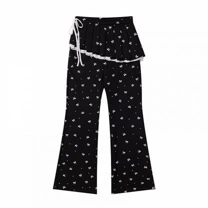 リボンプリントフレアパンツ ブラック ゴムウエスト オールオーバー