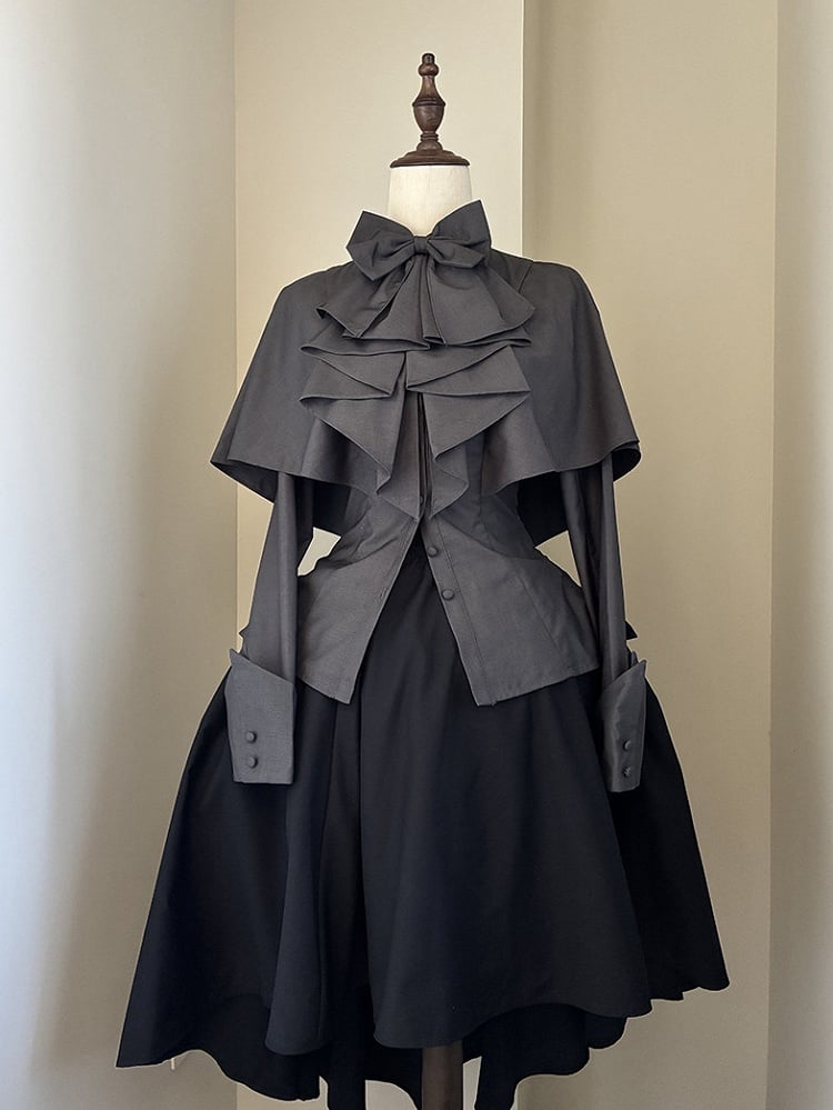 Jabot Cape with Lolita Gray Dark Design Shirt Ouji Bowtie Gothic