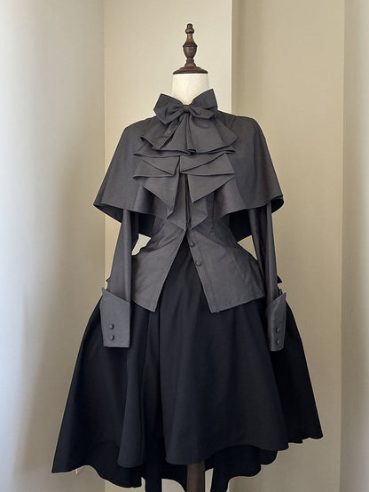 Jabot Cape with Lolita Gray Dark Design Shirt Ouji Bowtie Gothic