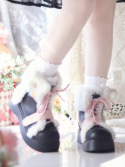Thick Plush Lolita Closure System Decor Black Dual Boots in Rabbit Sweet with Sole Snow