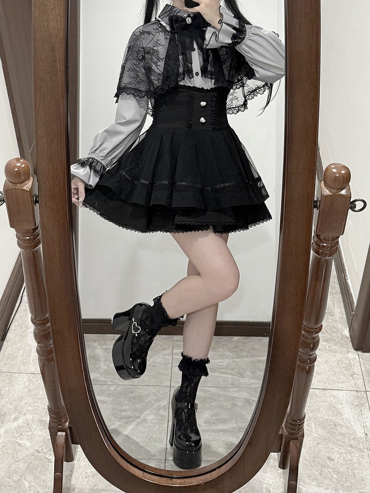 Free Size Jirai Tie Cape Blouse Lace Light with Bow Black Kei Blue Plus