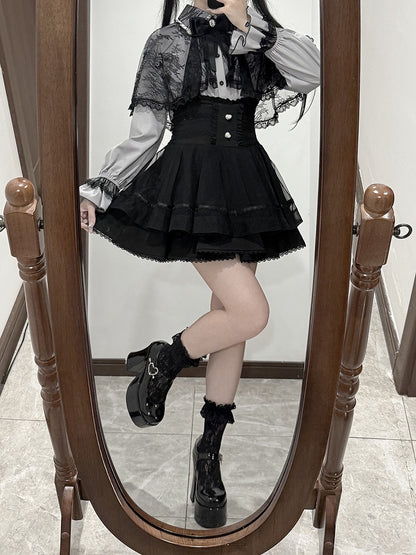 Free Size Jirai Tie Cape Blouse Lace Light with Bow Black Kei Blue Plus