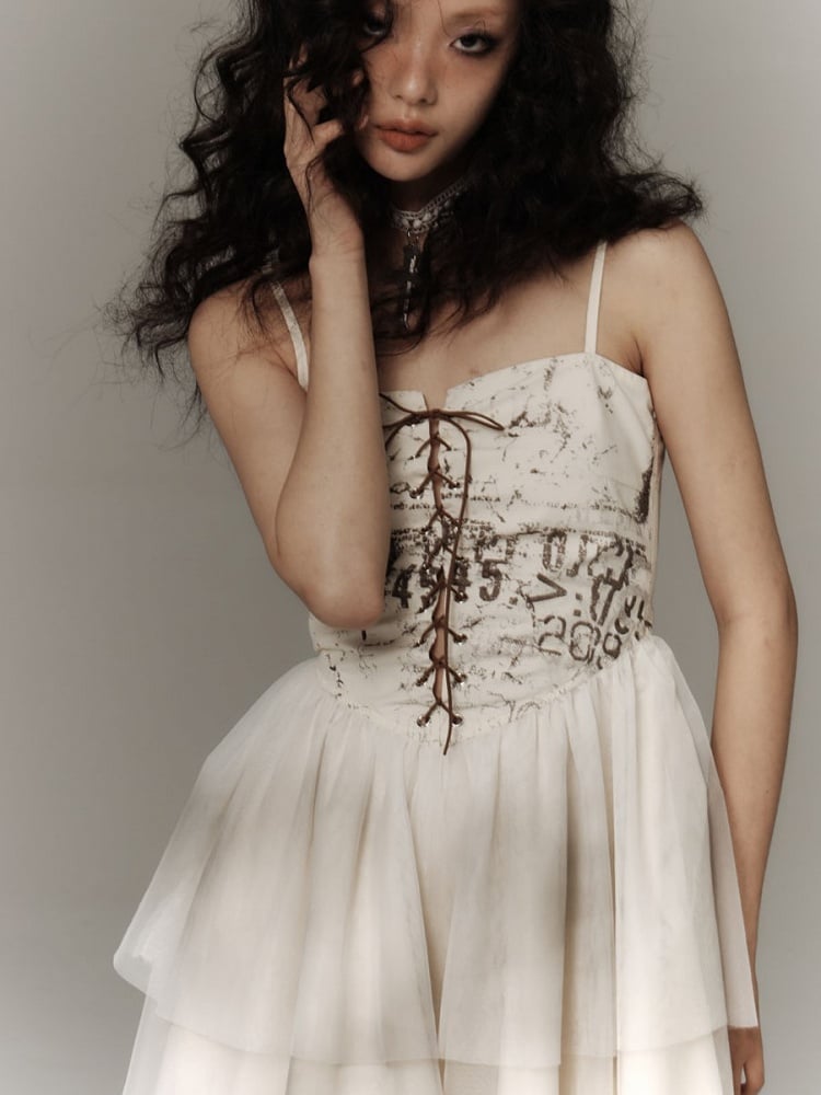 Punk Slip Crisscross Dress Lacing Tiered White with Tulle Skirt Distressed