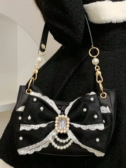 Accent Lolita Decor Shoulder Black Bag in Satin Bow Sweet Rhinestone Beads