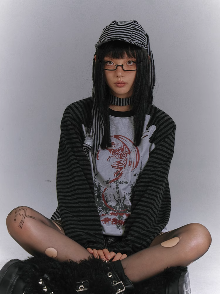 and Colorblock Long Sleeves Striped with Black and Gray Top Punk Print Design