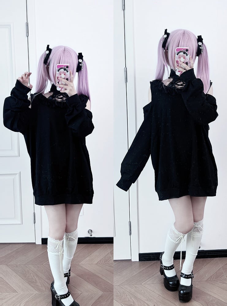 Cat-Ear Shoulder Halter with White Black Cutouts and Tie / Hoodie Jirai Kei