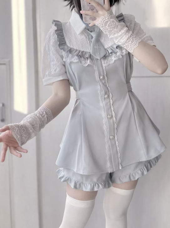 ボタンヘムショーツ+ネクタイフルトリムライトケイジライセット-レースブルーブラウス+フリルハート