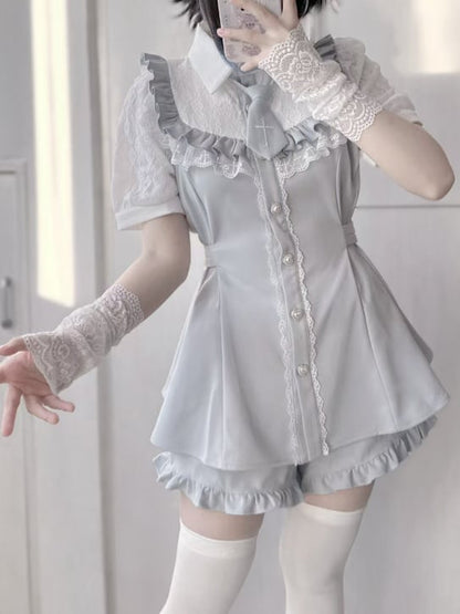 ボタンヘムショーツ+ネクタイフルトリムライトケイジライセット-レースブルーブラウス+フリルハート