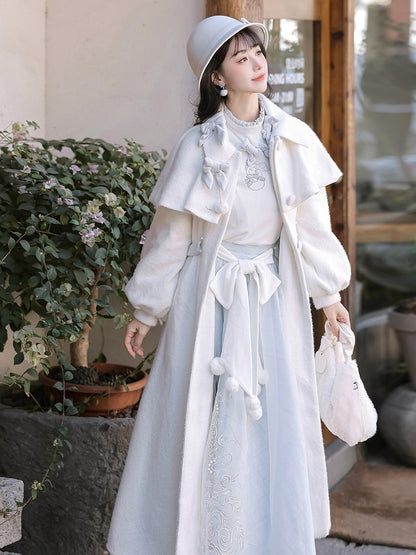 Embroidered Lolita Skirt Winter Set Snowman Blue White Coat Top Elegant + Knitted Castle