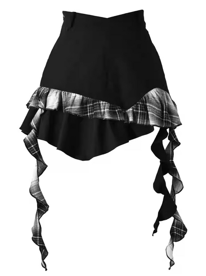 ブラックチェック柄アシンメトリーフリルヘムスカート