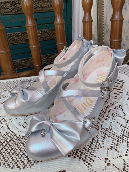 and Star with Bow Silver Buckles Shoes High-heel 6.5cm Details Sweet