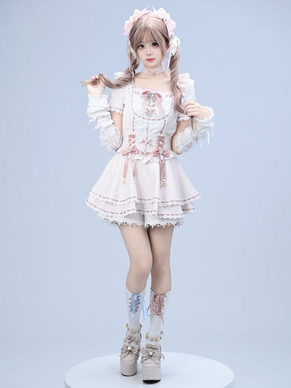 Pink Gingham Ryousangata Overall Skort with Bow Lace Details - Broken Bear