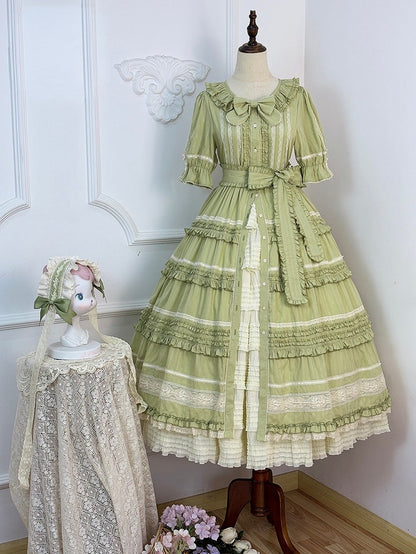 Green Layered Ruffles Elegant Lolita Dress Front Button Placket - Miss Point
