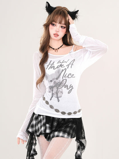 Pink/weißer, asymmetrischer Ausschnitt, Slim-Fit-Top, Fake-Zweiteiler