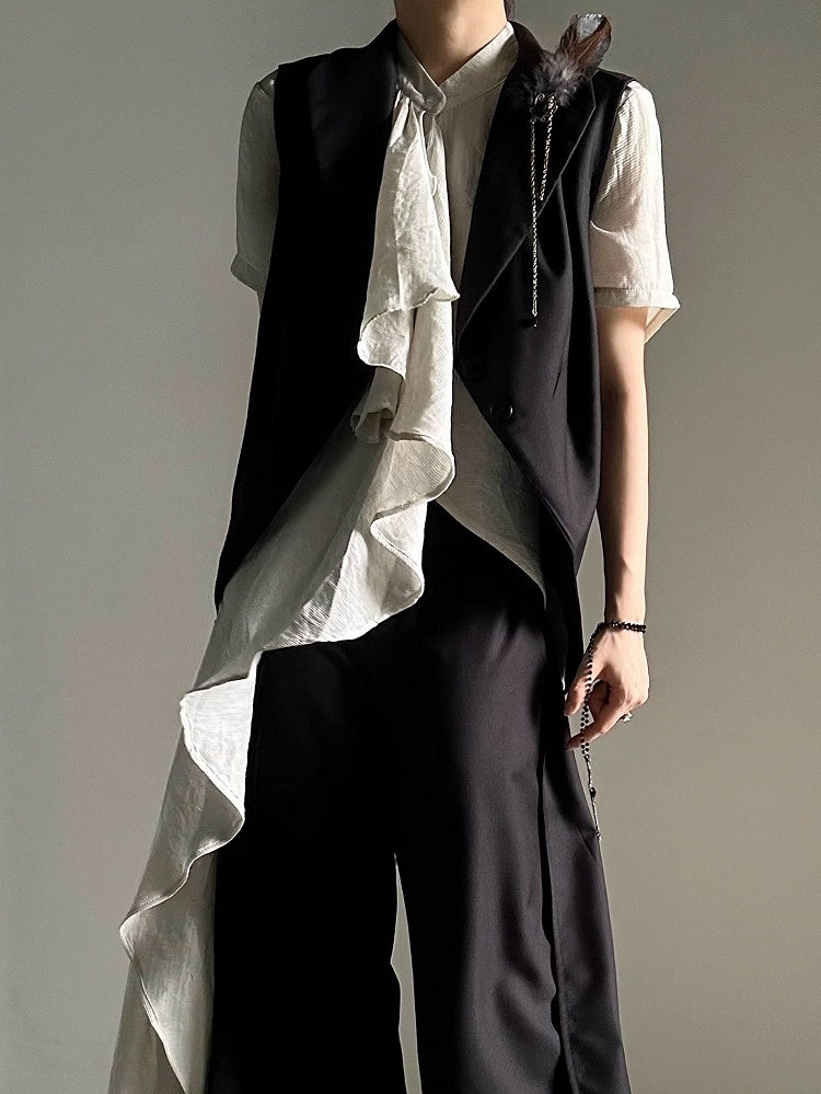 Princely Feather Brooch Notched Black Collar Set Waistcoat Style -