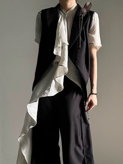 Princely Feather Brooch Notched Black Collar Set Waistcoat Style -