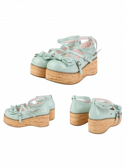 Accents Bow Round Sweet Design Lolita - Mint PU Green Toe Platforms Crisscross