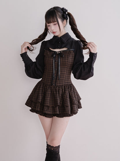 Jirai Fake Brown Set Plaid Matching Dress Two-Piece Kei Long-Sleeve + Shorts