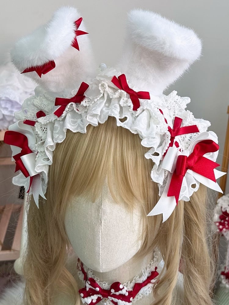 Fluffy Hairband Sweet Ear Lolita Red White Bunny Lace