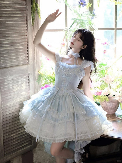 Hime Basque Flower Lace Layered Fluffy Lolita Dress Blooming with Blue Accents Waist | Sheer Ocean