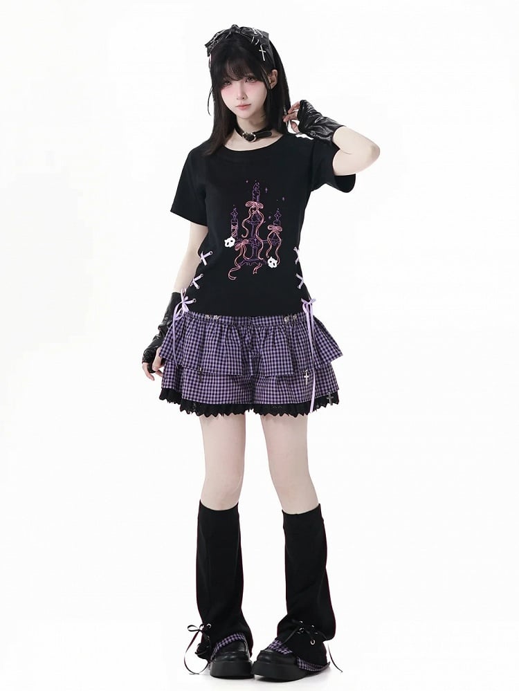 T-Shirt Schwarz Rundhals Schnürung Taille Grafik