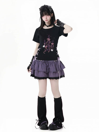 Y2K パープル 伸縮性ウエスト レーストリム チェック柄スコート