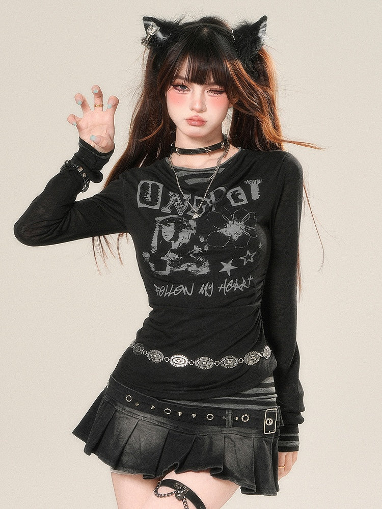 Drucken Sie Buchstaben lange schwarze Ärmel und bittersüßes Top Cartoon
