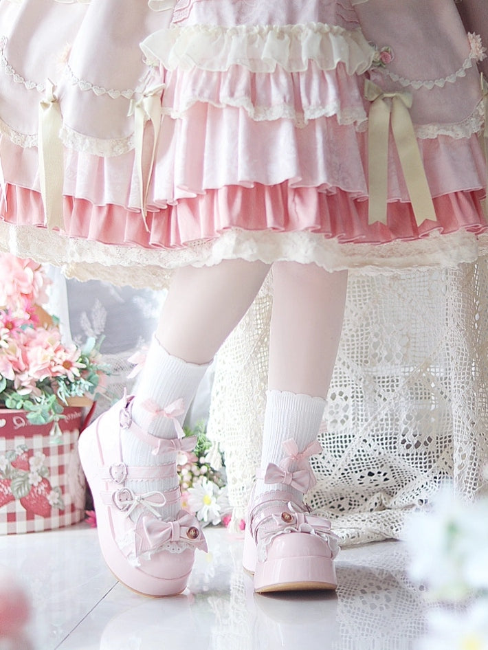 Details Buckles Pink Sweet Platforms - Lolita Heart Bow with Edging Lace