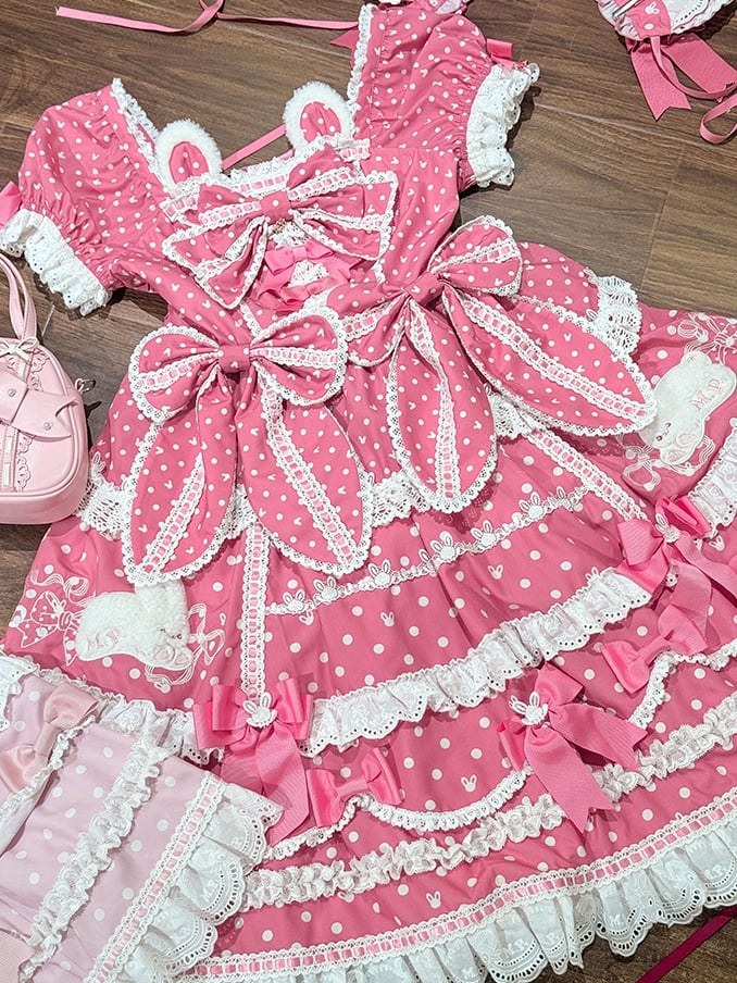 Kleid Bunny Süße Polka Dots Wunderschöne Plüsch Ohren Ausschnitt Rosa Dark Lolita Muster Version
