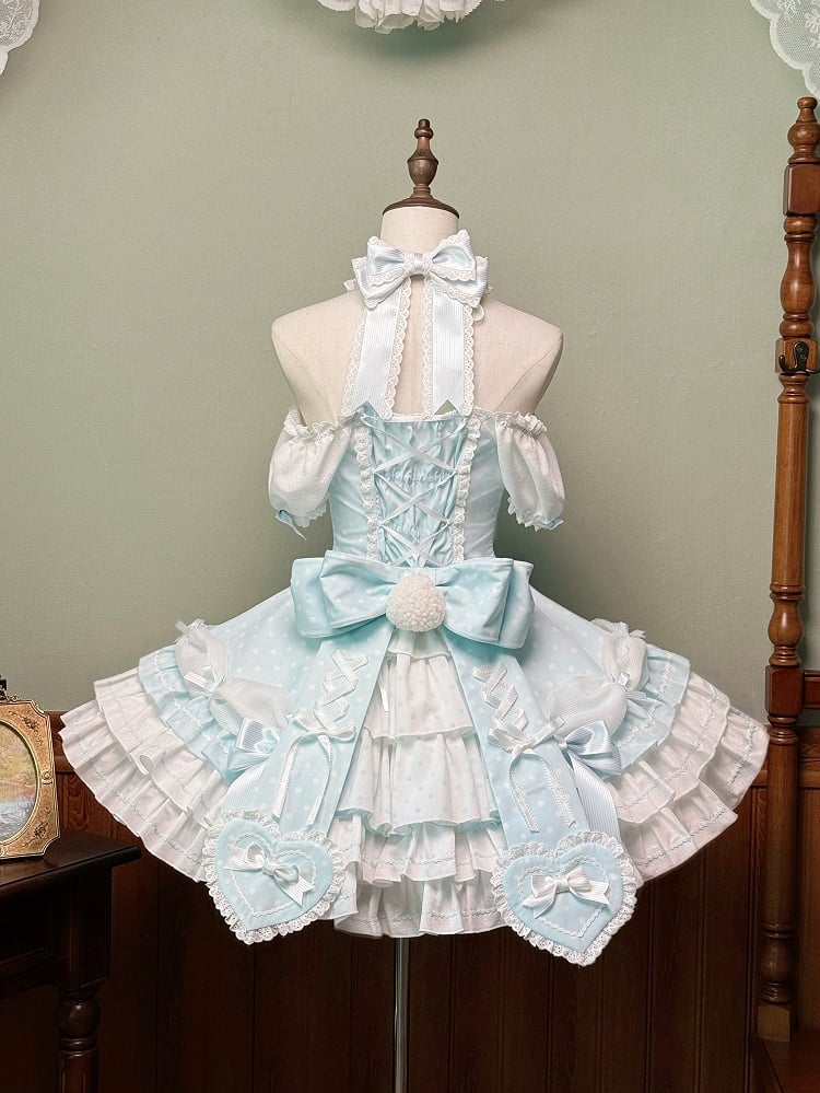 Dot Blue Lolita Neck Old Halter School Sleeves Versatile Dress Polka with Puff