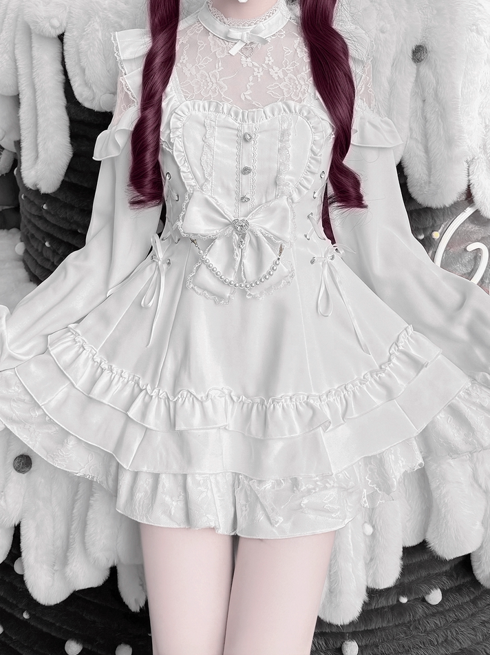 White Landmine Style Floral Lace Dress Set with Shorts, Bow Tie, Bead Chain & Hairclips - Jiuniang Cherry