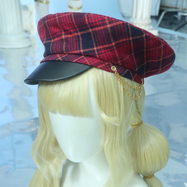 ダークブルー/レッド/グリーンのチェック柄ベレー帽