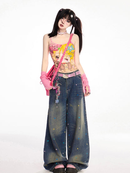 カラフルな水玉模様のダークブルーのダメージ加工ワイドレッグジーンズ