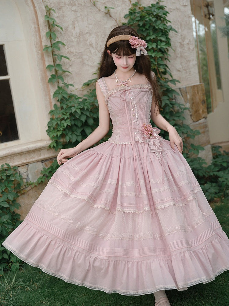 Pink Sweet Button Top with Lace Skirt Set - Penny House