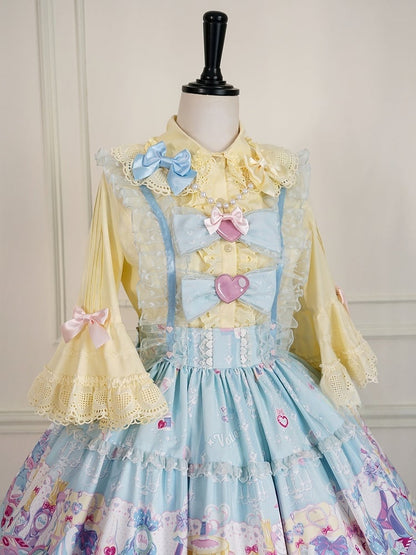 イエローのラウンドフラットカラーベルスリーブコットンブラウス