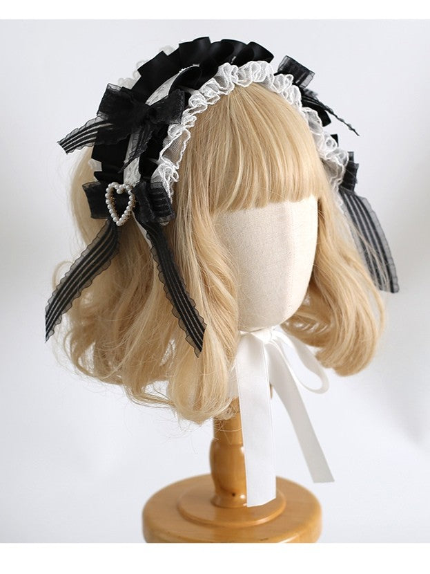 Perlenverziertes süßes Haarband mit Rüschendetails, Lolita-Herzschleife, Weiß/Schwarz