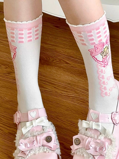 Bär Lolita Socken Rosa Druck Muster Kalb Weiß Bowknot