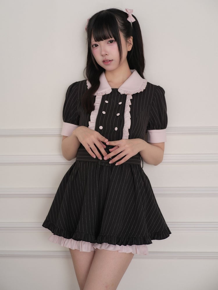 Striped Double Breasted Dress with Belt and Shorts - No Genki