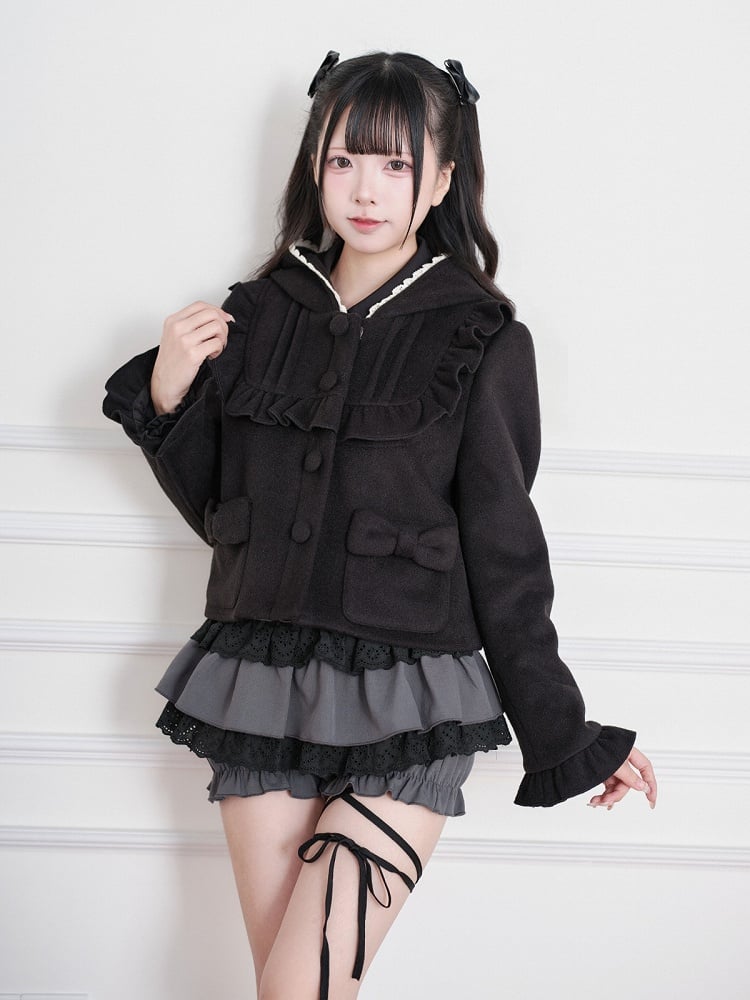 Black Jirai-Kei Wool-Blend Short Hooded Jacket, Ruffled Detail - No Genki