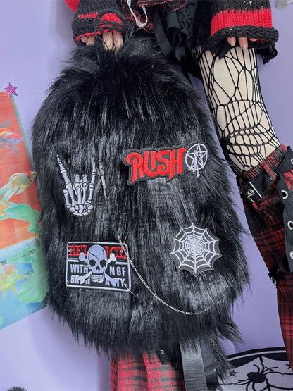 ブラックスケルトンアップリケパンクシャギーバックパック