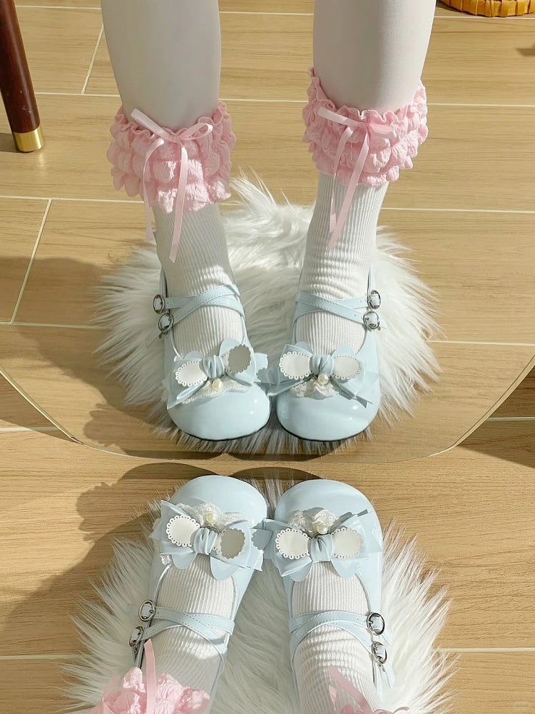 Round Bunny Lolita Mary Accents Low-heel Blue Janes Closure Snap Sweet Bow Themed with