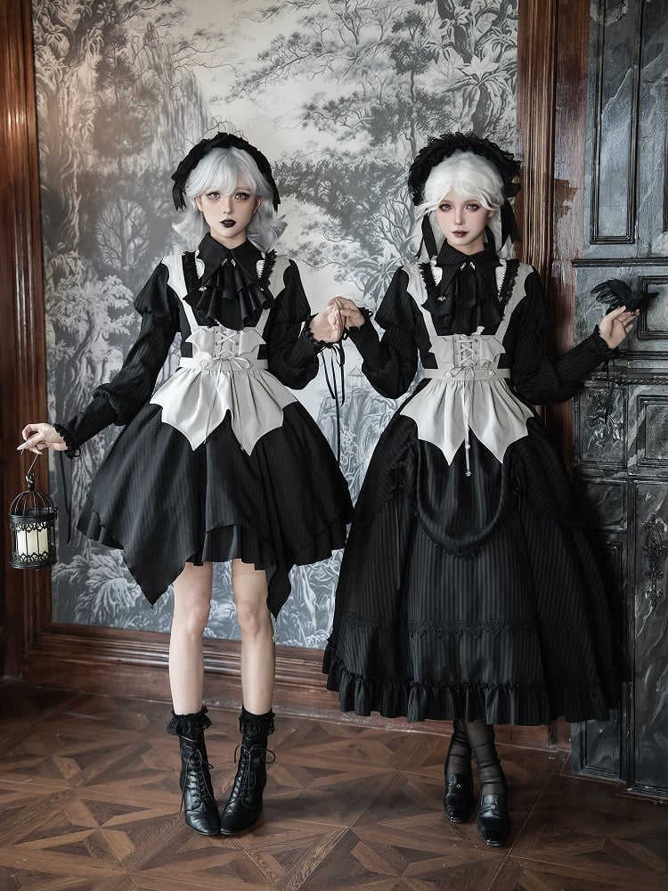Striped Version Gothic Ruffle Drawstring Long Black Design Skirt with Lolita