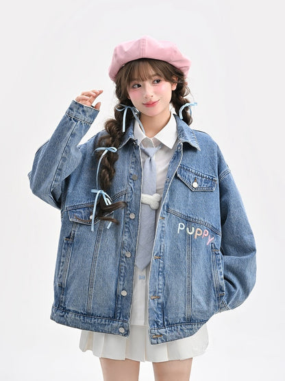 Wash Distressed Denim Jacket with Detachable Puppy Brooches Blue Faded