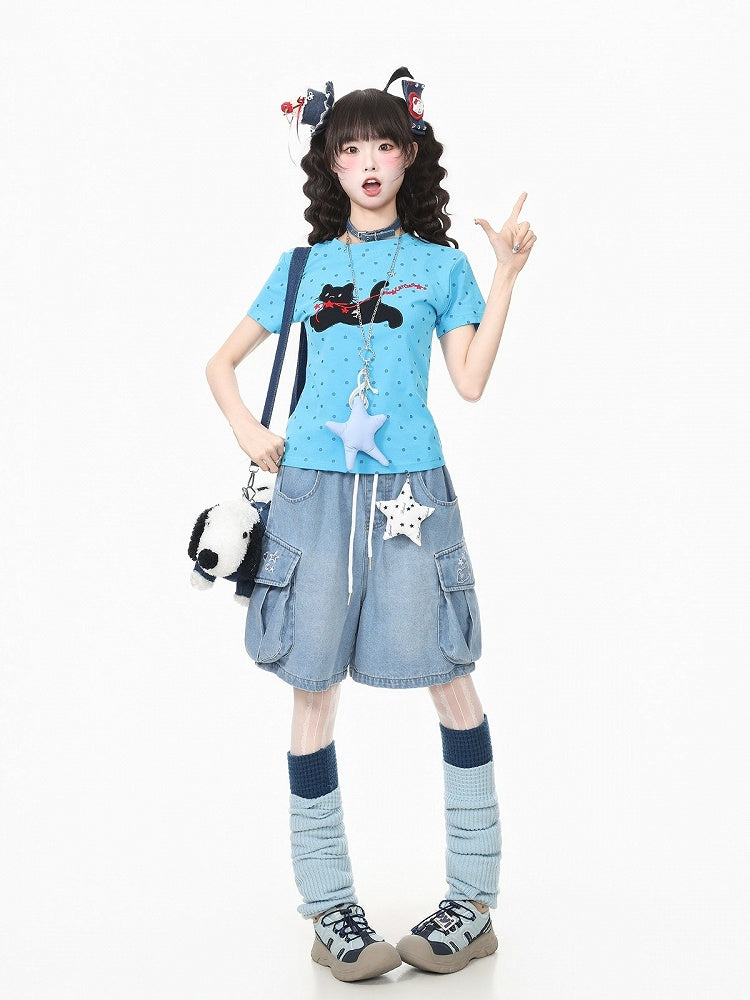 Blue Wide Leg Denim Shorts with Star Charm - Languid Park