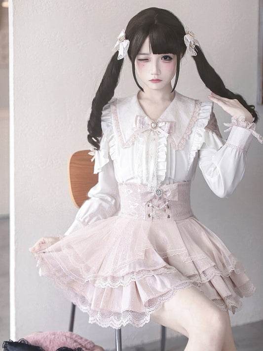 Jirai Cutouts Delicate with Blouse and Kei Sweetness White Pink Lace Flat Collar Pointed