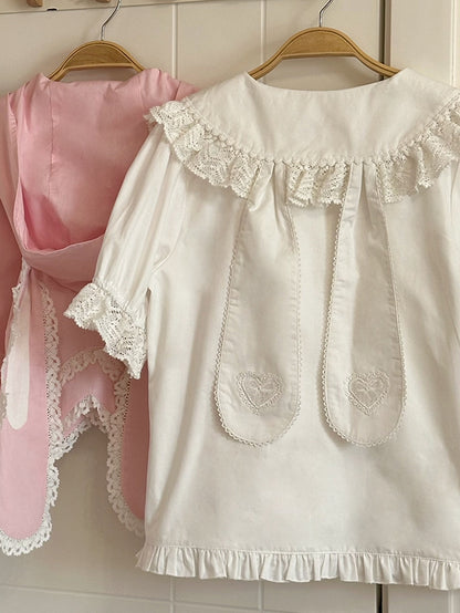 パンスリーブカラーのピーターコットンショートホワイトブラウス