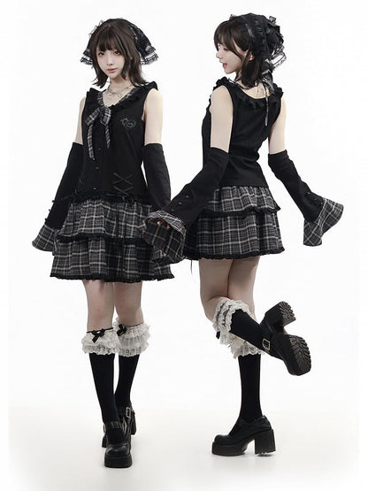 Black Fake Two-Piece Halter Top with Plaid Ties - PINK SAVIOR