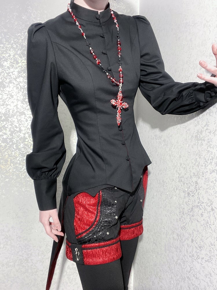 王子マンダリンブラックロングファッショントップスロリータテールスワローカラースリーブ