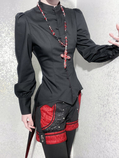 王子マンダリンブラックロングファッショントップスロリータテールスワローカラースリーブ