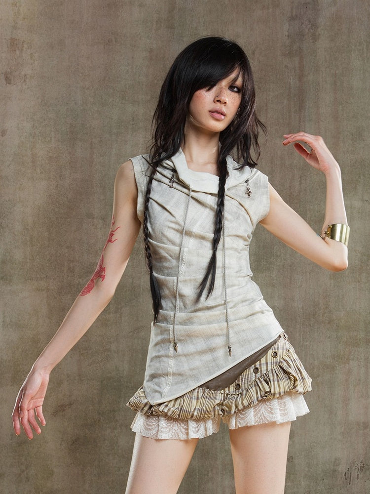 Vest Neckline Punk Apricot Multi-Wear with Zipper Drawstring Collar Asymmetrical